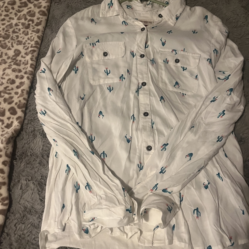 SO White Button-Down Shirt with Teal Cactus Print
